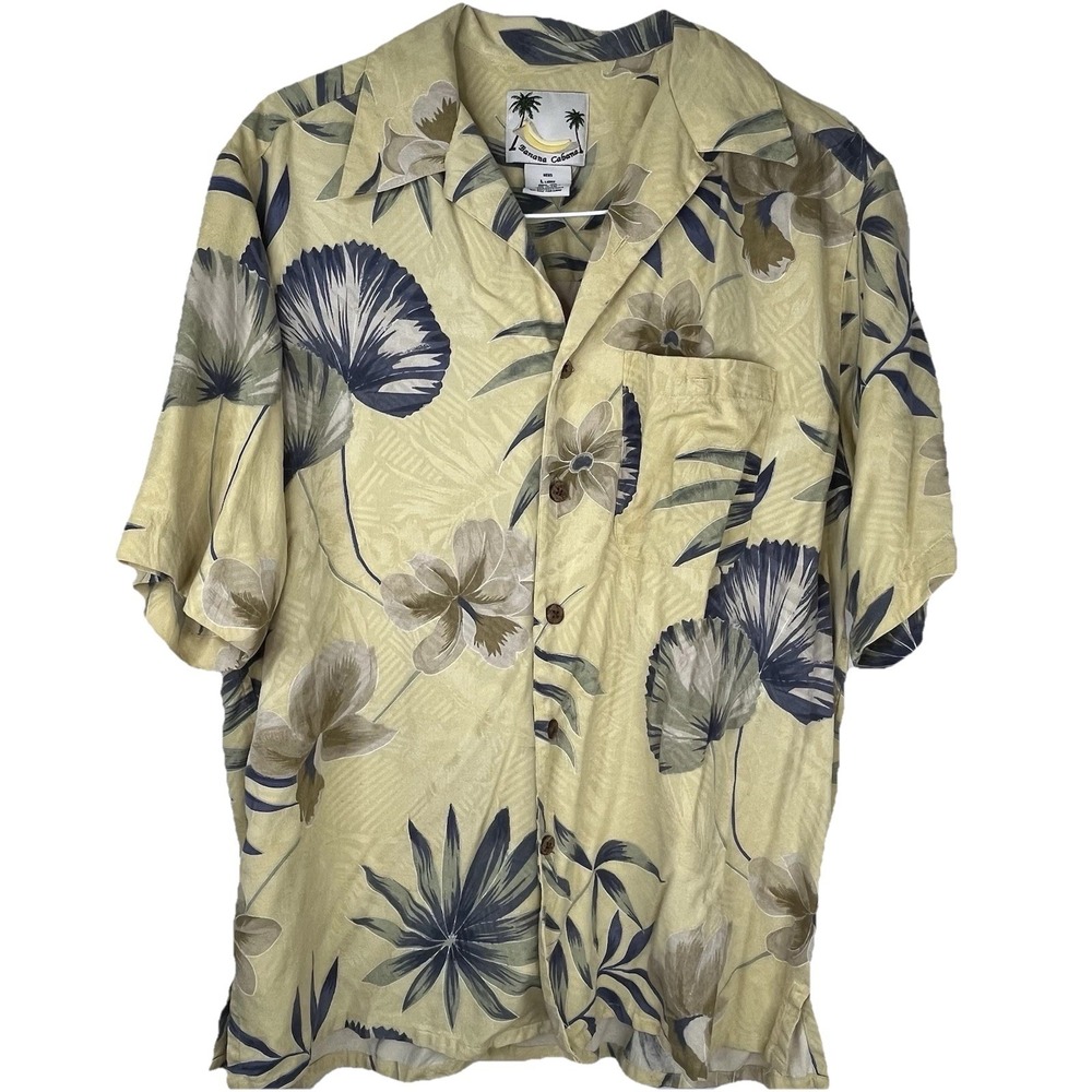 Banana Cabana 100% Silk Hawaiian Shirt Mens L  Yellow Lightweight Tropical